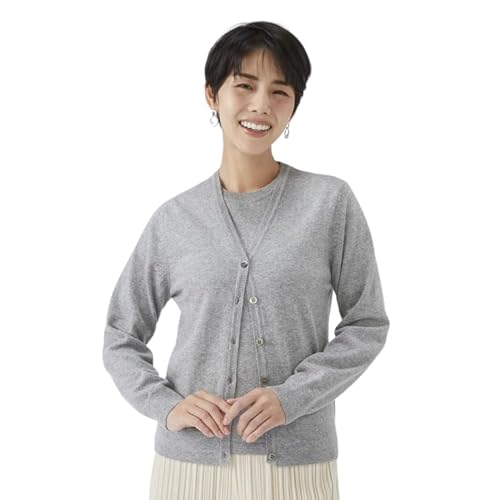 [Lサイズ]日本製 カシミヤ100% レディース Vカーディガン ライトグレー 90805
