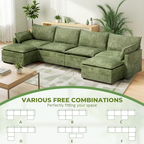 Image of LEVELEVE 147 inch U-Shape Modular Sofa with 2 Ottomans, Deep Seat Cloud Convertible Sleeper, 2 Arm Pillows, Comfortable Large Upholstered Furniture for Living Room Apartment, Green
