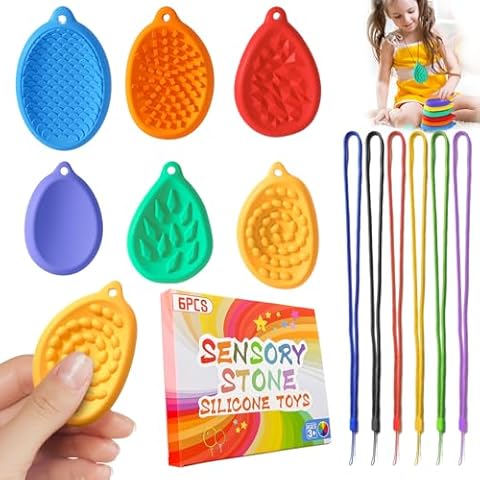 QINGLER Fidget Toys Sensory Worry Stones with Lanyard Stocking Stuffers for Kids, 6 Pack Worry Stones for Autism ADHD Teens Anxiety Relief, Quiet Fidgets Stress Toys for Classroom Gift Cover