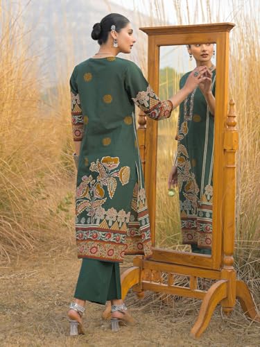 Image of INDO ERA Women's Green Pure Cotton Floral Printed Sequinned Kurta & Pant with Dupatta Set