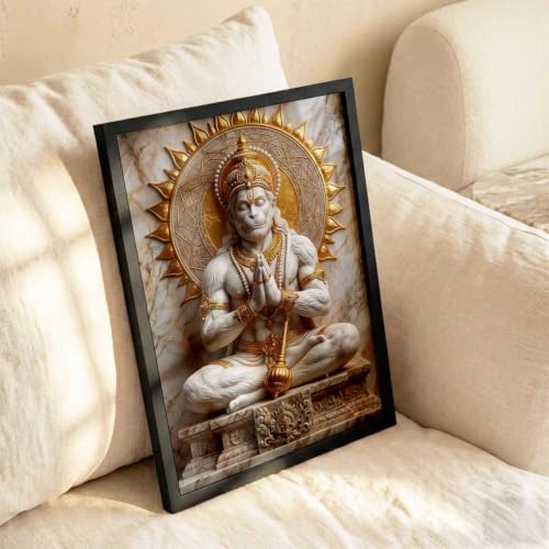 Image of CRAFTLYN Hindu God Wall Art WALL ART Prints Framed Spiritual Religious Paintings for Living Room, Pooja Room, Bedroom, Office, Meditation Room, Home Decor (Hanuman ji, 19 X25, Black)