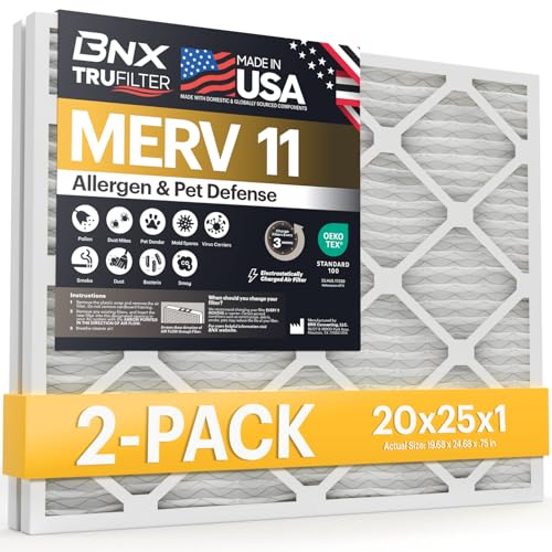 Image of BNX 20x25x1 MERV 11 Air Filter 2 Pack - MADE IN USA - Electrostatic Pleated Air Conditioner HVAC AC Furnace Filters - Removes Dust, Mold, Pollen, Lint, Pet Dander, Smoke, Smog