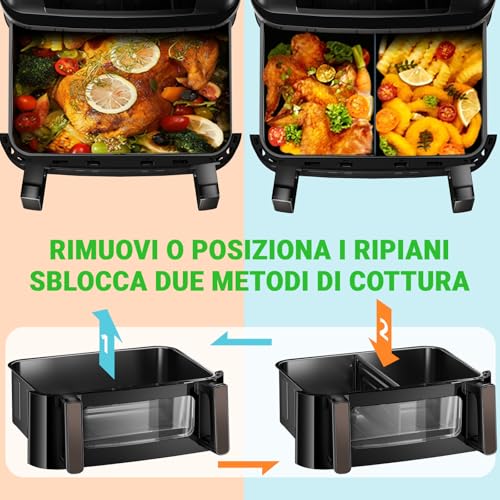 Friggitrice ad Aria Calda 2 Camere | Friggitrice ad Aria da 12L Camera Doppia Camera Singola Regolabile, 2600W Friggitrice ad Aria Calda 8 in 1 con Doppia Camera Controllo Separato Della Temperatura - immagine 5