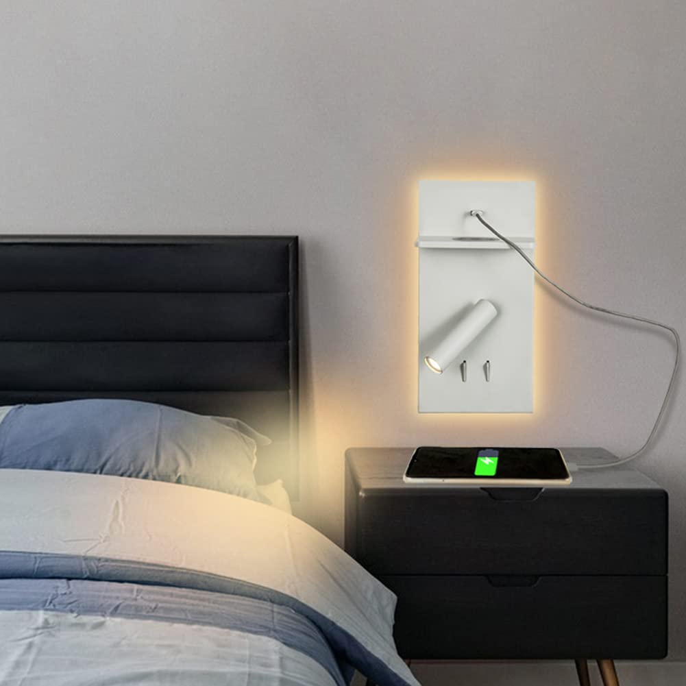 Kinkiet LED 6W z przełącznikiem i funkcją ładowania USB, wewnętrzne białe światło, obracana i regulowana, lampka nocna / do czytania, półka, oświetlenie do cha