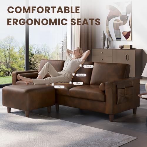 Image of Vesgantti 100 inch PU Faux Leather Sofa with Movable Ottoman, 3 Seater L Shaped Leather Sectional Couch with Side Pocket, Comfy Mid Century Modern Modular Couch for Living Room, Apartment, Cocoa