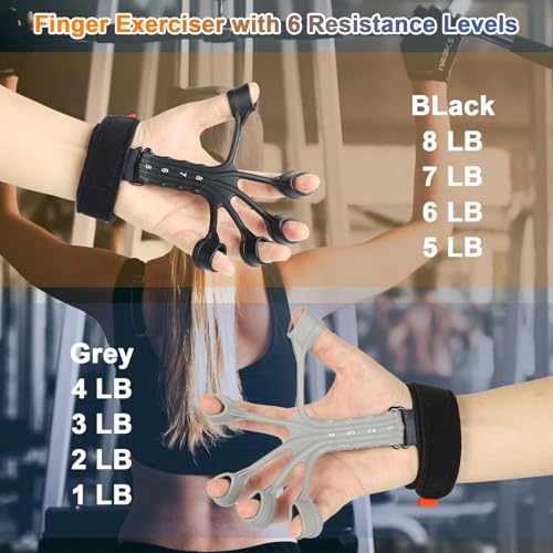 Image of Finger Exerciser Finger Stretcher Finger Resistance Band Guitar Strength Trainer Reverse Grip Strengthener Climbing Exercise Equipment Finger Extensor Strengthener for Wrist Hand, 1-8 LB Resistance Levels, Black and Grey, Adjustable Wrist Strap