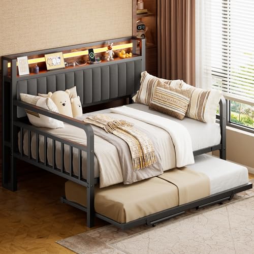 Daybed with Pop Up Trundle and LED Light, Heavy Duty Metal Full Bed Frame with Upholstered Storage Headboard and Charging Station, Sturdy Day bed for Living Room, Bedroom and Guest Room (Brown)
