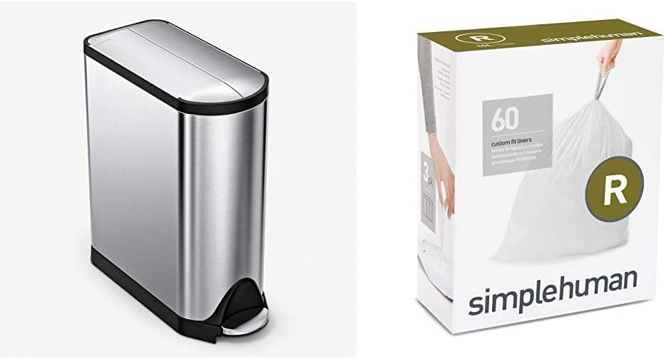 simplehuman 40 Liter Dual Compartment Butterfly Lid Kitchen Recycling Step Trash Can, Brushed Stainless Steel Code R Custom Fit Drawstring Trash Bags