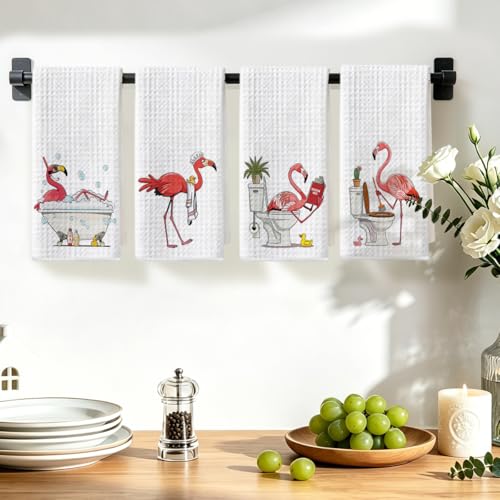 Image of 4 Pcs Funny Flamingo Hand Towels for Bathroom 24x14 Inch, Hot Pink Reusable Dish Towels for Bathroom Restroom Decor, Waffle Weave Absorbent Hand Cloth Tea Towel, Flamingo Gifts for Women Mom