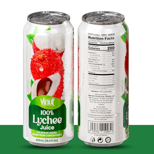 Image of VINUT 100% Lychee Juice, No Added Sugar, Not From Concentrate, 16.9 fl oz (500 mL) Can, Pack of 24