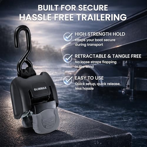 GLIMMAX Retractable Boat Transom Tie Down Straps, 2 x 43 Inch 2500 lbs Break Strength, 833 lbs Safe Working Load Limit, 2-Pack Trailer Ratchet Straps for Brackish or Saltwater Environments by GlimmaX - Image 4