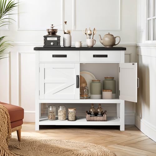 Farmhouse Console Table with 2-Door Cabinet & 2 Drawers, Coffee Bar, Entryway Table with Storage Shelf, Sofa Tables Buffet Sideboard for Kitchen, Hallway, Dining, Living Room, White
