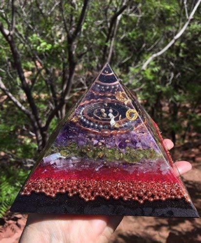 Extra LG Triple Orgone Anti Stress Generator Pyramid with Peridot, Amethyst, Rose Quart, Elite Shungite, 5.5 inch base!