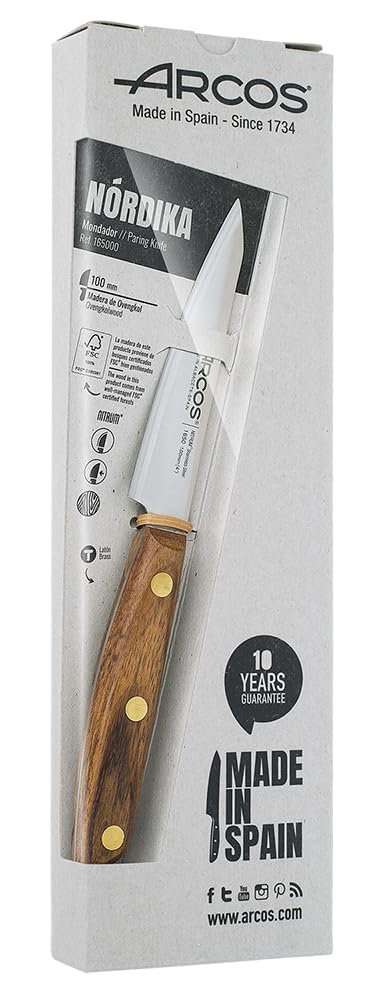 Arcos Serie Nordika - Spelucchino Coltello per sbucciare - Acciaio Inossidabile NITRUM - Lama di 100 mm - Manico in legno Ovengkol FSC naturale al 100% - Confezione riciclata al 100%