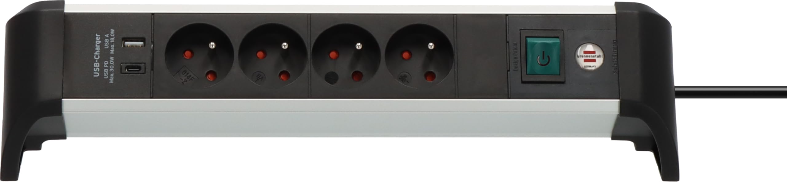 Brennenstuhl ALU-Office-Line - Regleta con 4 Tomas y USB C PD 30 W y USB A 18 W (Made in Germany, Regleta Ideal para Escritorio, Cable de 1,8 m, con Interruptor)
