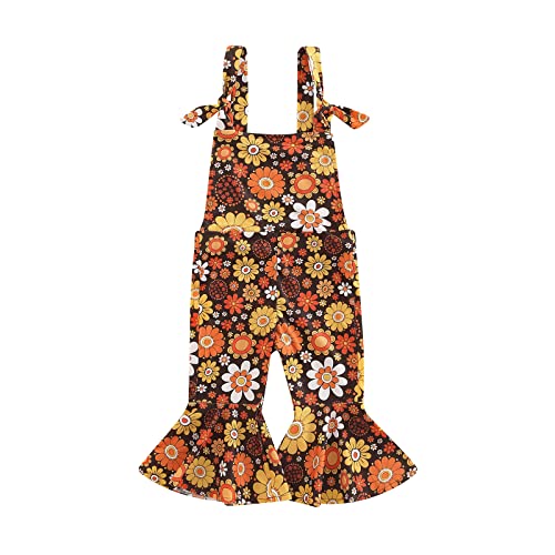 Image of Emmababy Baby Girl Bell Bottoms Romper Toddler Floral Overalls Suspender Flare Pants Sleeveless Strap Jumpsuit Fall Clothes