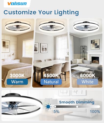 Image of VOLISUN Low Profile Ceiling Fans with Lights and Remote, 27.6in Fandelier Ceiling Fan Flush Mount, 3000K-6500K Smart Bladeless LED Fan Light, Black Modern Ceiling Fans with Lights for Bedroom