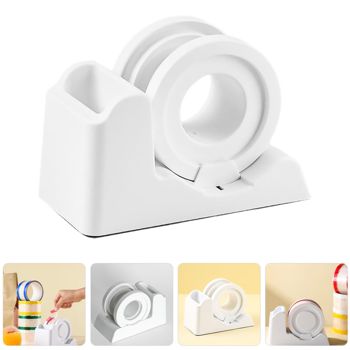 Dispenser per Nastro Adesivo da Scrivania in Plastica Bianco | Design Compatto e Semplice, Supporto Portatile per Ufficio e Scuola, Finitura Elegante