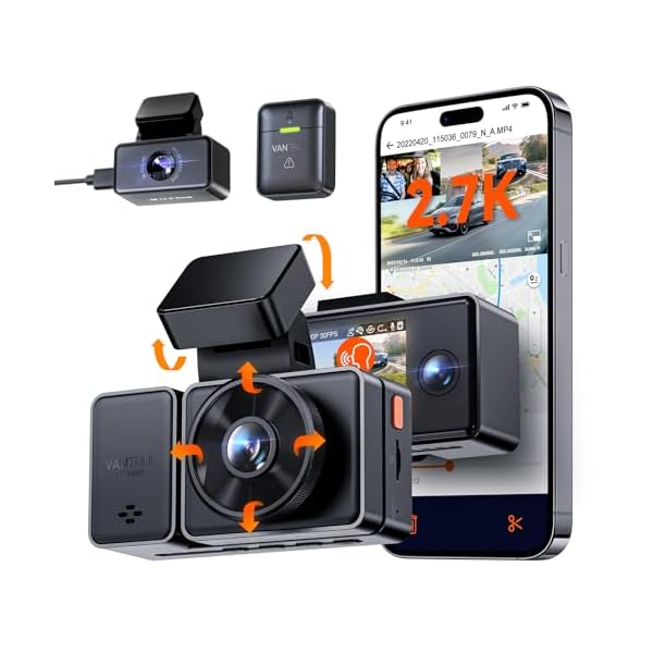 Vantrue E3 3 Channel 2.7K WiFi Dash Cam with GPS, Voice Control, Starvis IR Night Vision, 24 Hour Buffered Parking Mode, 3 Way 1944P+1080P+1080P Front and Rear Inside Dash Camera, Support 512GB Max
