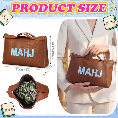 Bolsa de cuero para fichas Mahjong con cierre y asa, marrón miniatura 2