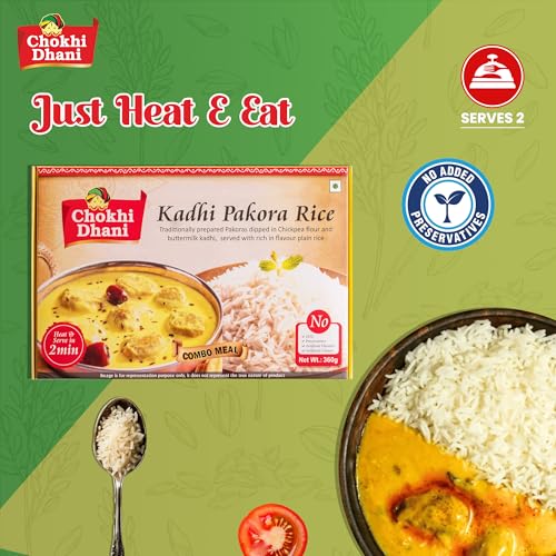 Image of Chokhi Dhani Ready to Eat Kadhi Pakora with Rice 360g | Kadhi Chawal | North Indian Yogurt Curry & Rice | Just Heat & Eat Microwave Meal | Veg