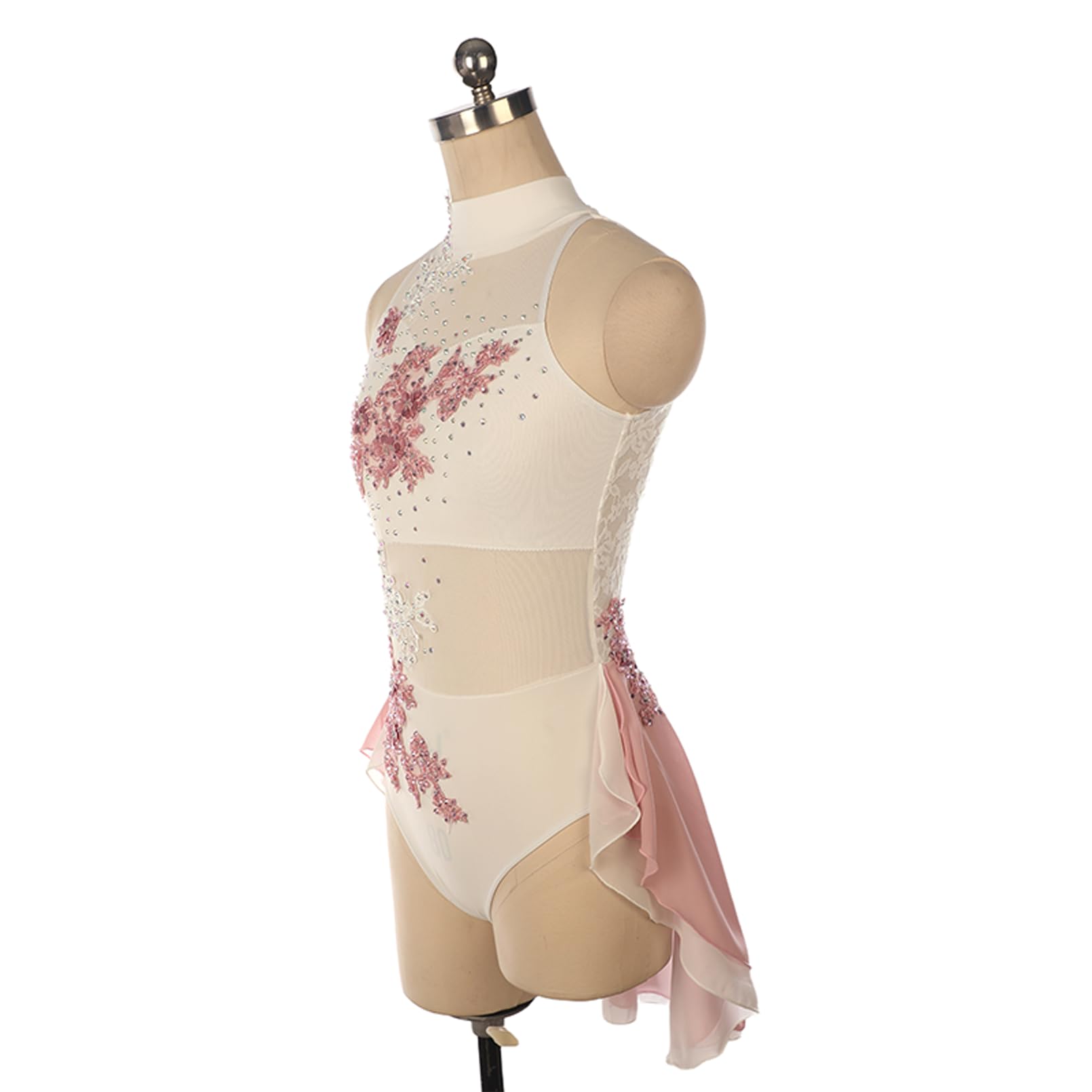 Abito da Pattinaggio Artistico Bambina Body Danza Classica Donna Bianco Senza Maniche Rosa Fiore Strass Vestito da Balletto Body da Ginnastica Ritmica