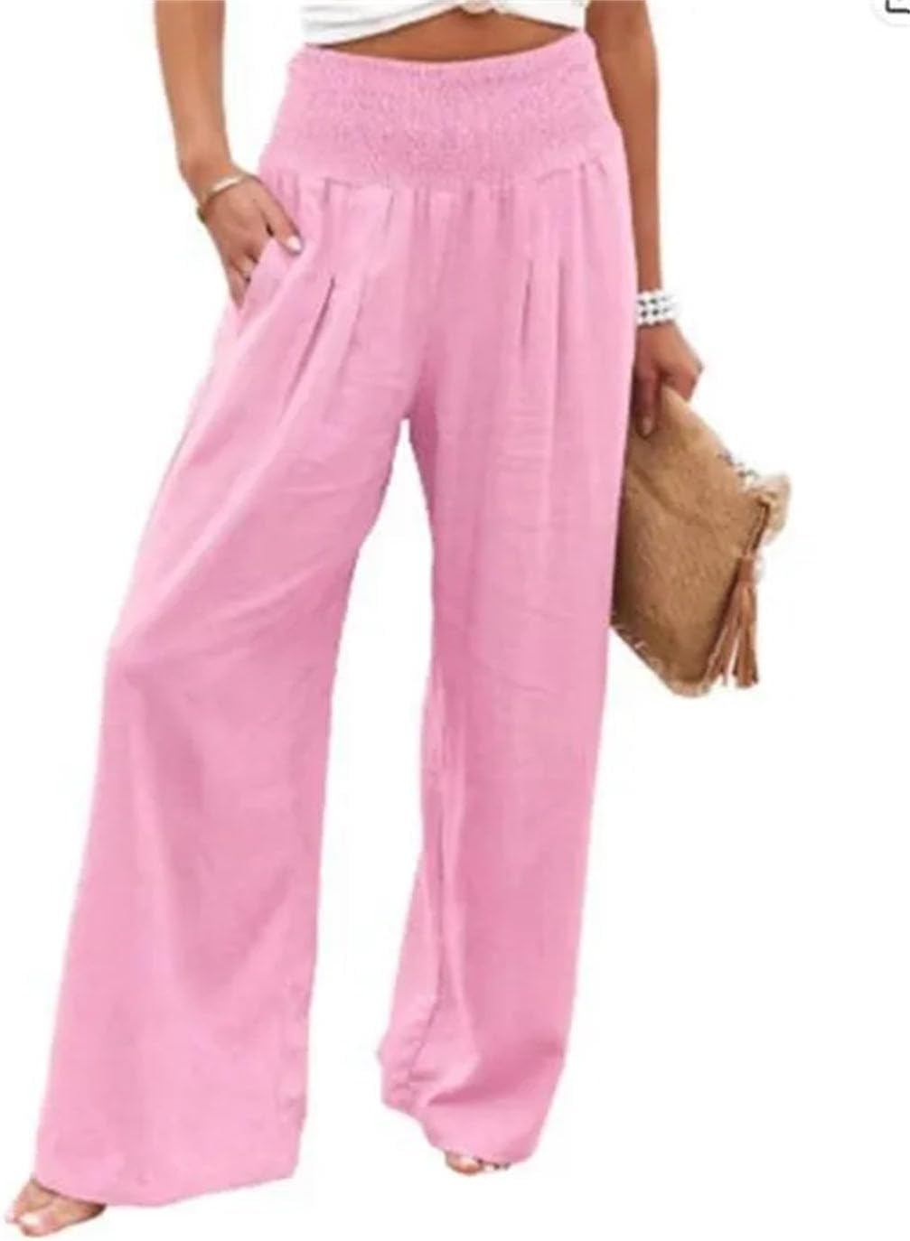 Women Spring Summer Simple Wide Leg Loose Elastic High Waist Linen Long Trouser