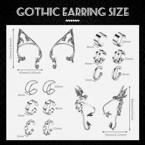 16 Pcs Elf Ear Cuffs Silver Piercing Ear Cuff Earrings Stylish Metal Sliver Colored Gothic Stud Earrings for Costume Cosplay (Elf Angel Demon Style)2