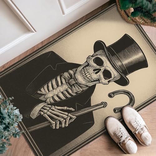 Tappeto runner con scheletro, stile vintage, con cappello a cilindro e canna di Halloween, nero, antiscivolo, resistente allo sbiadimento, per cucina, ingresso, comodino, porta, corridoio, decorazione