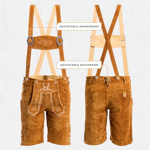 BAVARIA TRACHTEN Lederhosen Men - Genuine Leather Authentic German Lederhosen for Men, Oktoberfest Outfit - Short Light Brown2