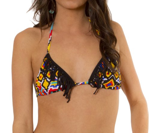 Point Conception Happy Trails (HBU) Triangle Bra With Removable Soft Cups And Fringe At Center Front D Black Aqua