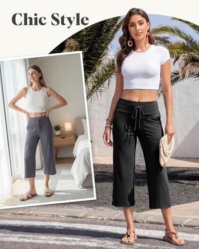 Image of ZOOSIXX Capri Pants for Women - Wide Leg Loose Casual Trousers with Pockets Summer High Waisted Drawstring Pants