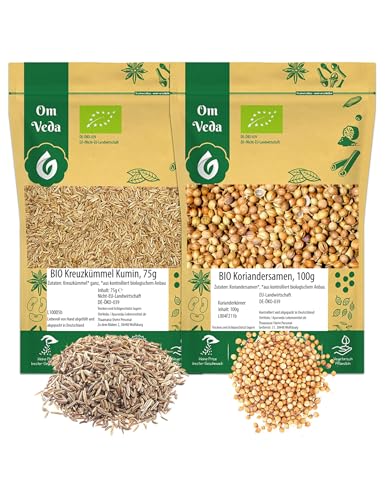 BIO Kreuzkümmel 75g + BIO Koriander 100g | Indische Gewürze SET 175g | Organic Bio-zertifiziert DE-ÖKO-039 | Kumin Cumin Jeera Coriander SET | Für Küche und Tee | OmVeda