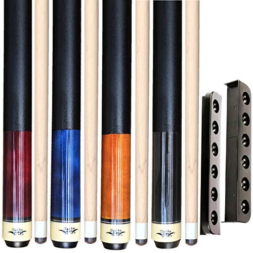 Tai ba cues Set of 4 Pool Cue Stick (18oz + 19oz + 20oz + 21oz) with Cue Rack, 13mm Tip, 58", Hardwood Canadian Maple Professional Billiard