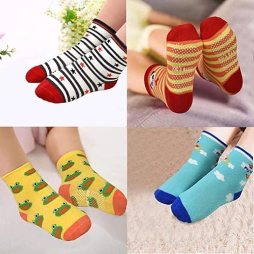 Image of CUTEABLY Toddler Non-Slip Socks, Cartoon Design, Cotton Crew Socks with Non-Slip Soles, Floor Socks for Infants, Boys, Girls (Assorted)