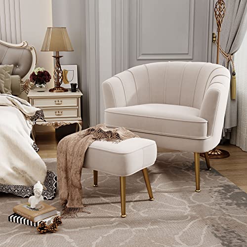 Andeworld Velvet Accent Chair With Ottoman, Upholstered Modern Single Sofa Side Chair,Comfy Barrel Club Living Room Armchair With Golden Metal Legs For Bedroom Living Reading Room Office, Beige #TOP3
