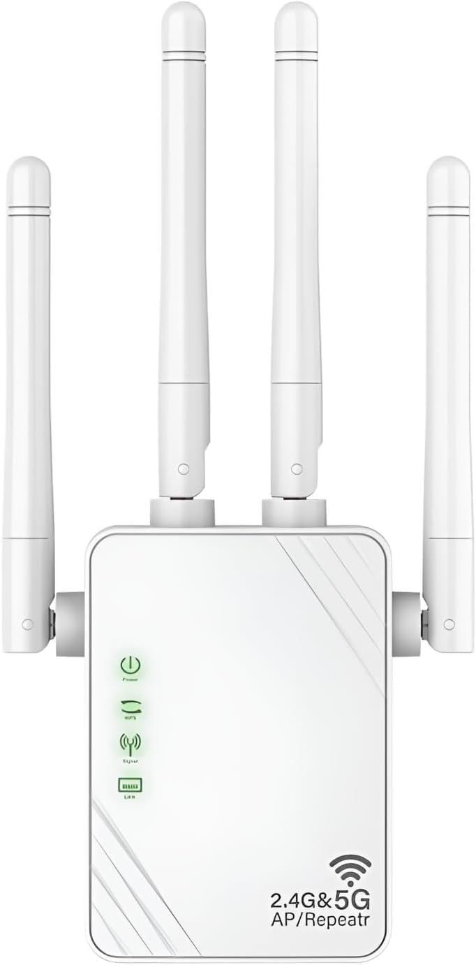 Ripetitore WiFi, Estensore WiFi, Amplificatore di Segnale Wi-Fi 1200Mps, Wi-Fi Booster Doppia Banda 5GHz e 2.4GHz, Modalità Ripetitore/Router/Ap, 4 Antenne, 2 Porte LAN, Compatibile Air 13-Inch Laptop