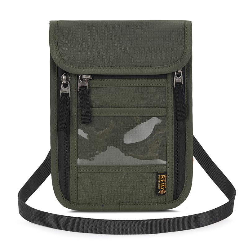 ROOSALANCE Passport Holder for Travel, Neck Pouch Travel Wallet With RFID Blocking, Waterproof Lightweight Passport Wallet for Women and Men (Army