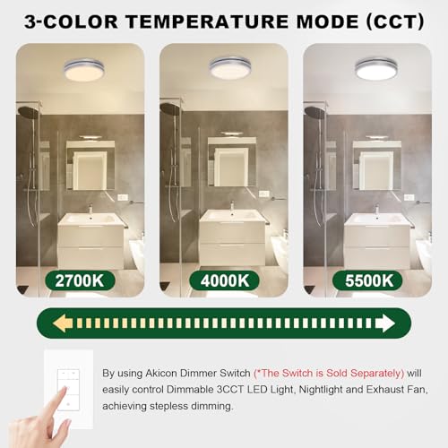 Image of Akicon Bathroom Exhaust Fan with Light, 80 CFM 2.0 Sones Bathroom Fan for Ceiling, 3CCT 15W Dimmable LED Light and 3.5W Nightlight Vent Fans Combo for Home, Round, Sliver
