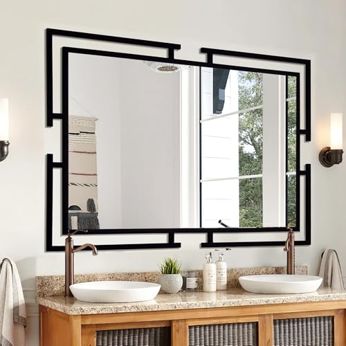 Image of 48 inchx32 inch Large Black Vanity Bathroom Mirror, Modern Metal Frame, Mirror Wall Decor for Living Room, Entryway, Horizontal /Vertical