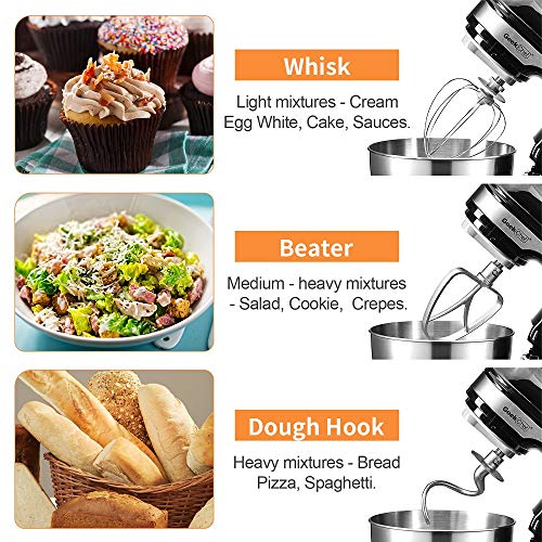 Geek Chef GSM45B Stainless Steel 2.6 Quart Bowl 12 Speed Kitchen Countertop Baking Food Stand Mixer with Beater Paddle, Dough Hook, and Whisk, Black - Thumbnail 5