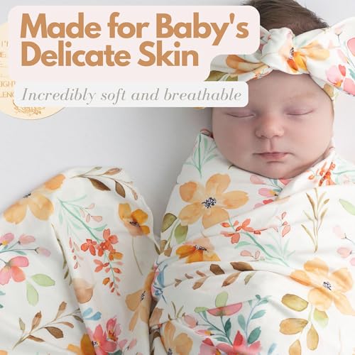 Image of Newborn Baby Girl Receiving Blanket Swaddle Blanket Stretchy Knit Swaddle Set with Matching Headband and Beanie (Orange and Pink Floral)