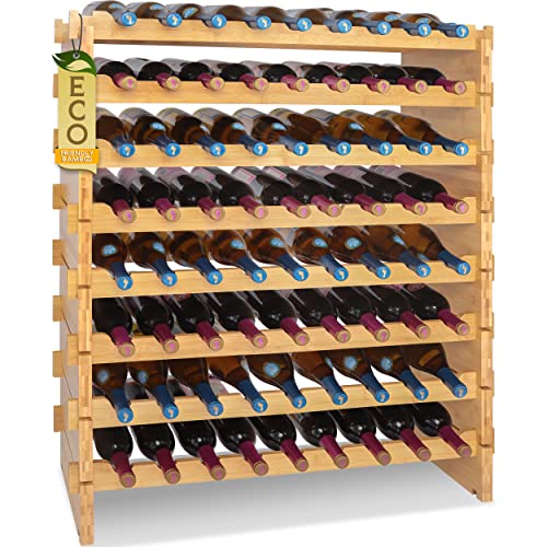 SereneLife Bamboo Stackable Wine Rack, 8-Tier 72 Bottle Capacity Wine Racks Free Standing Floor, No Tools Assembly, Modular Storage Display Shelf for Kitchen and Cellar 33.5″ x 10″ x 42″