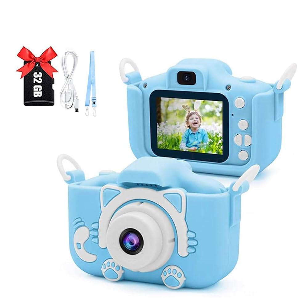 AMERTEER HD Kids Digital Camera for 3-12 Years Old, Portable Selfie Camera with Silicone Cover, Ideal Christmas & Birthday Gifts for Boys & Girls (Pink, 32GB SD Card Included)
