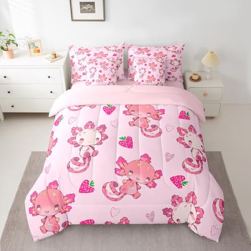 Image of Feelyou Kids Cute Axolotl 7 Pieces Bedding Set Queen Size, Strawberry Comforter Set with Sheets Boys Girls Kawaii Ocean Sealife Bed in A Bag Cartoon Fruit Teens Bed Set Bedroom Decor 7Pcs