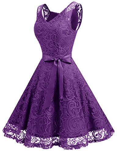 Dressystar 0010 Women Floral Lace Bridesmaid Party Dress Short Prom Dress V Neck Purple L #TOP1