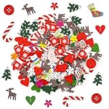 100 Pezzi Bottoni Natalizi in Legno, Bottoni Artigianali di Colori Misti Assortiti di Fiocco di Neve Cuore Albero di Natale, per Calzini di Natale Bottoni Scrapbooking Fai da Te Decorazione Natalizia