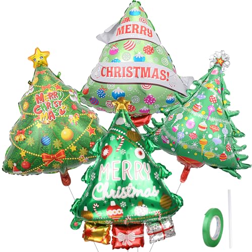 AxiyanX Christmas Tree Balloons Christmas Balloons 4 Pcs Large Foil Balloons for Xmas Tree Decorations Merry Christmas Party Supplies with Automatic sealing and Ribbons(4 Styles)