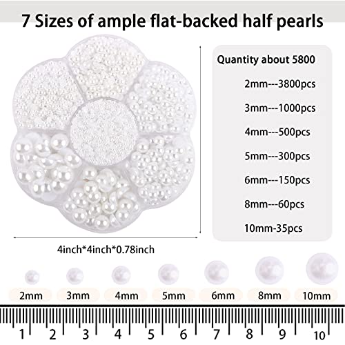 5800 Pcs White Half Pearls For Crafts, Flat Back Half Nail Pearls For Nails Art, Flatback Pearls For Makeup, Multi Size Neatly Organized Crafting Diy Pearl For Artists Creative（2/3/4/5/6/8/10Mm） #TOP1