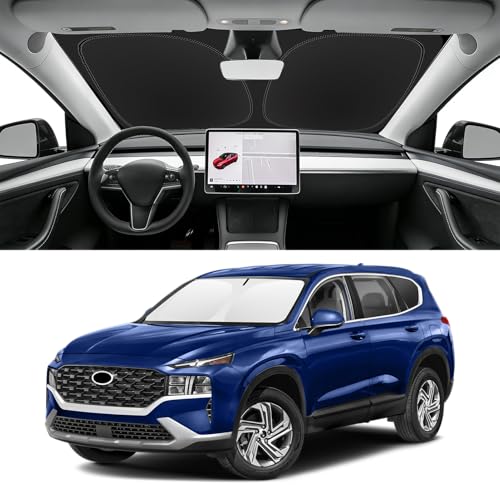 Image of Custom Fit Windshield Sun Shade for Hyundai Santa Fe 2019-2026 | Blocks UV Rays and Sun Heat, Helps Reduce Interior Temperature, Protects Dashboard from Fading, Folds Easily for Storage
